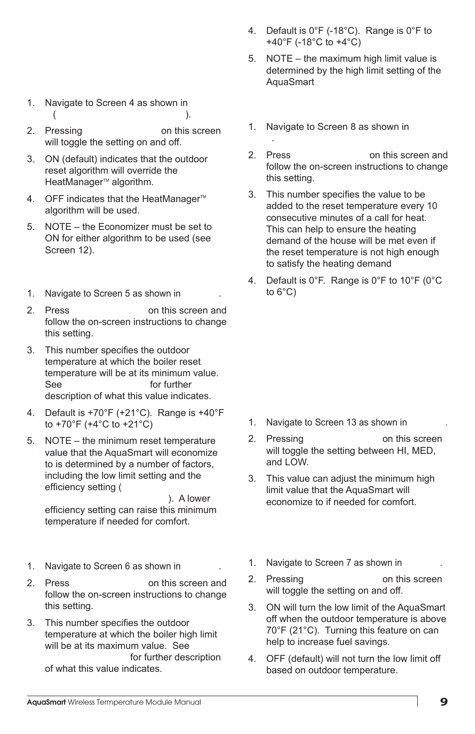 Programming basic functions, Programming additional options, Otr on/off | High oat, Low oat, Boost, Heat manager effi ciency setting, Warm weather shut down (wwsd) | Beckett AQUASMART 7600WTM User Manual | Page 9 / 12