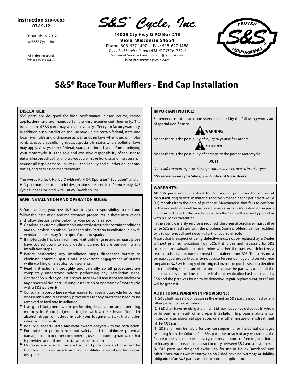 S&S Cycle Race Tour Mufflers - End Cap Installation User Manual | 2 pages