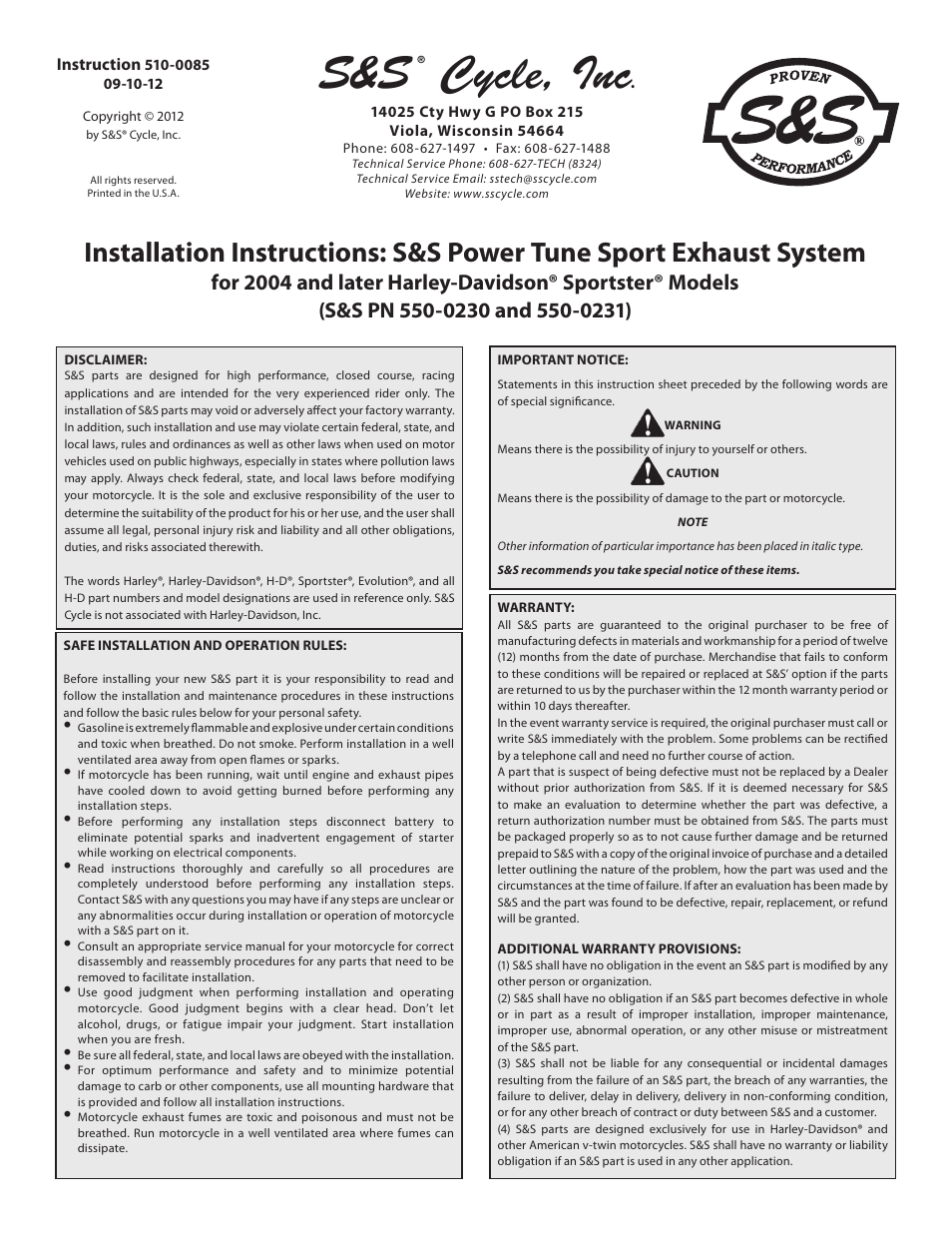 S&S Cycle Power Tune Sport Exhaust System for 2004 and later Harley-Davidson Sportster Models (PN 550-0230 and 550-0231) User Manual | 3 pages
