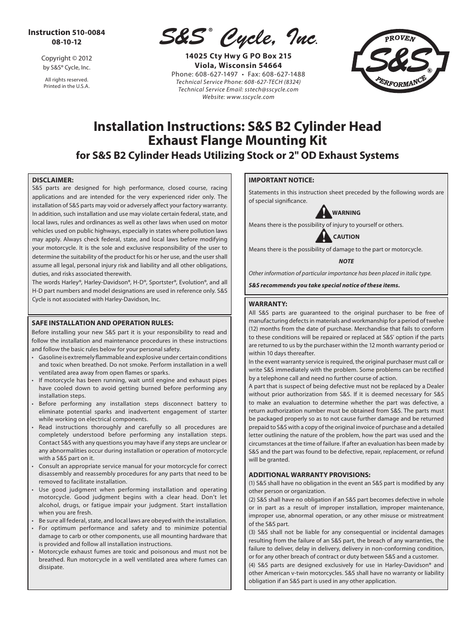 S&S Cycle B2 Cylinder Head Exhaust Flange Mounting Kit for S&S B2 Cylinder Heads Utilizing Stock or 2 OD Exhaust Systems User Manual | 4 pages