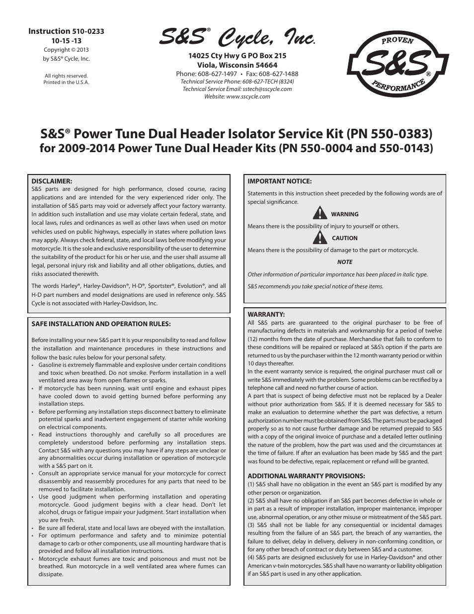 S&S Cycle Power Tune Dual Header Isolator Service Kit (PN 550-0383) for 2009-2014 Power Tune Dual Header Kits (PN 550-0004 and 550-0143) User Manual | 2 pages
