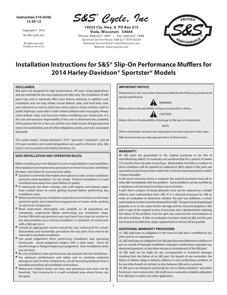 S&S Cycle Slip-On Performance Mufflers for 2014 Harley-Davidson Sportster Models User Manual | 2 pages