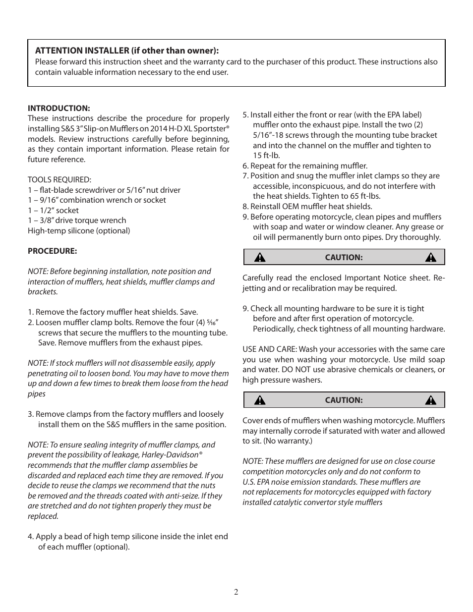 S&S Cycle Slip-On Performance Mufflers for 2014 Harley-Davidson Sportster Models User Manual | Page 2 / 2