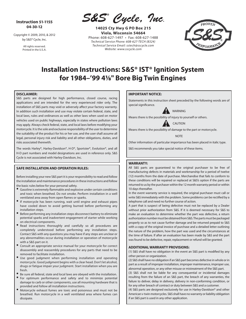 S&S Cycle IST Ignition System for 1984–99 4 1/8 Bore Big Twin Engines User Manual | 16 pages