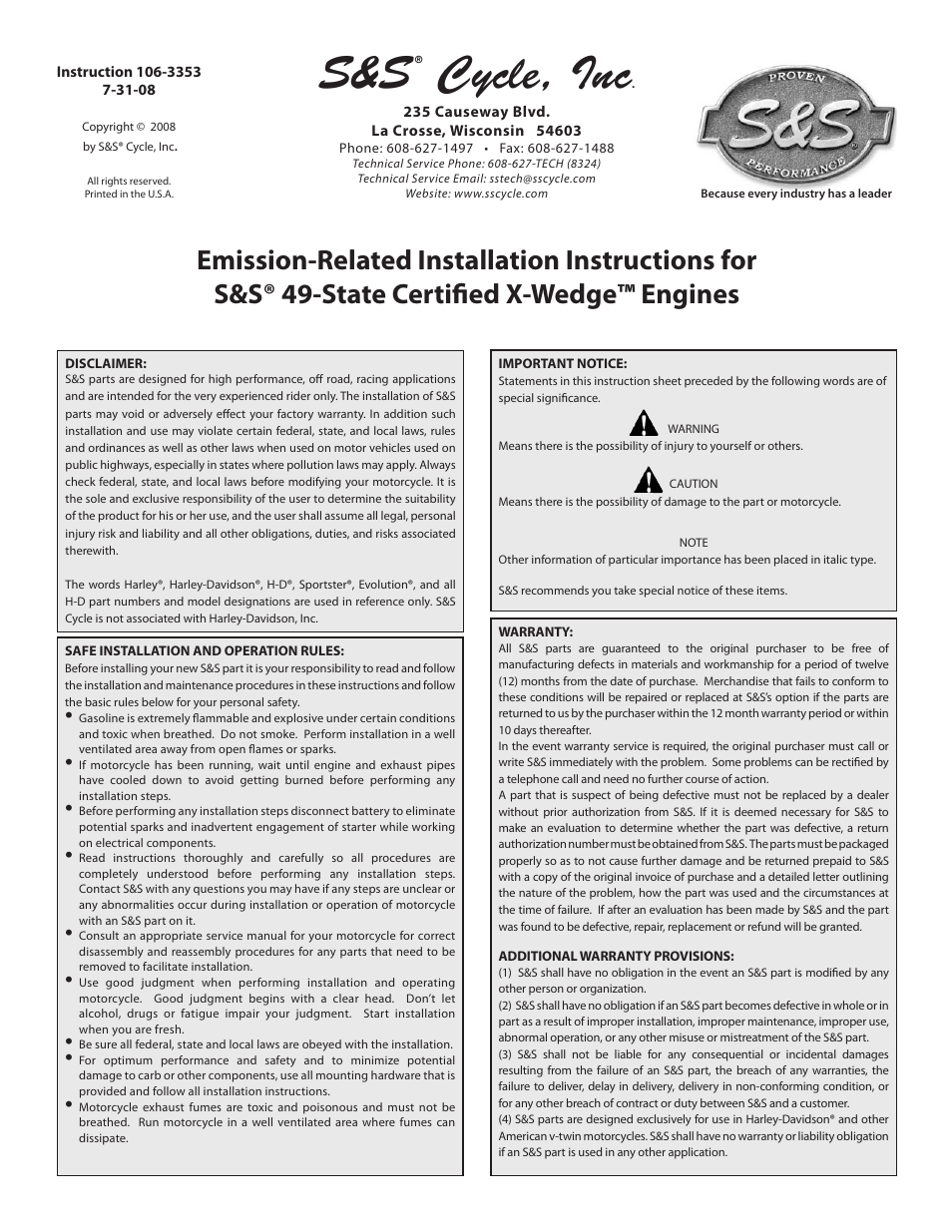 S&S Cycle 49-State Certified X-Wedge Engines User Manual | 20 pages