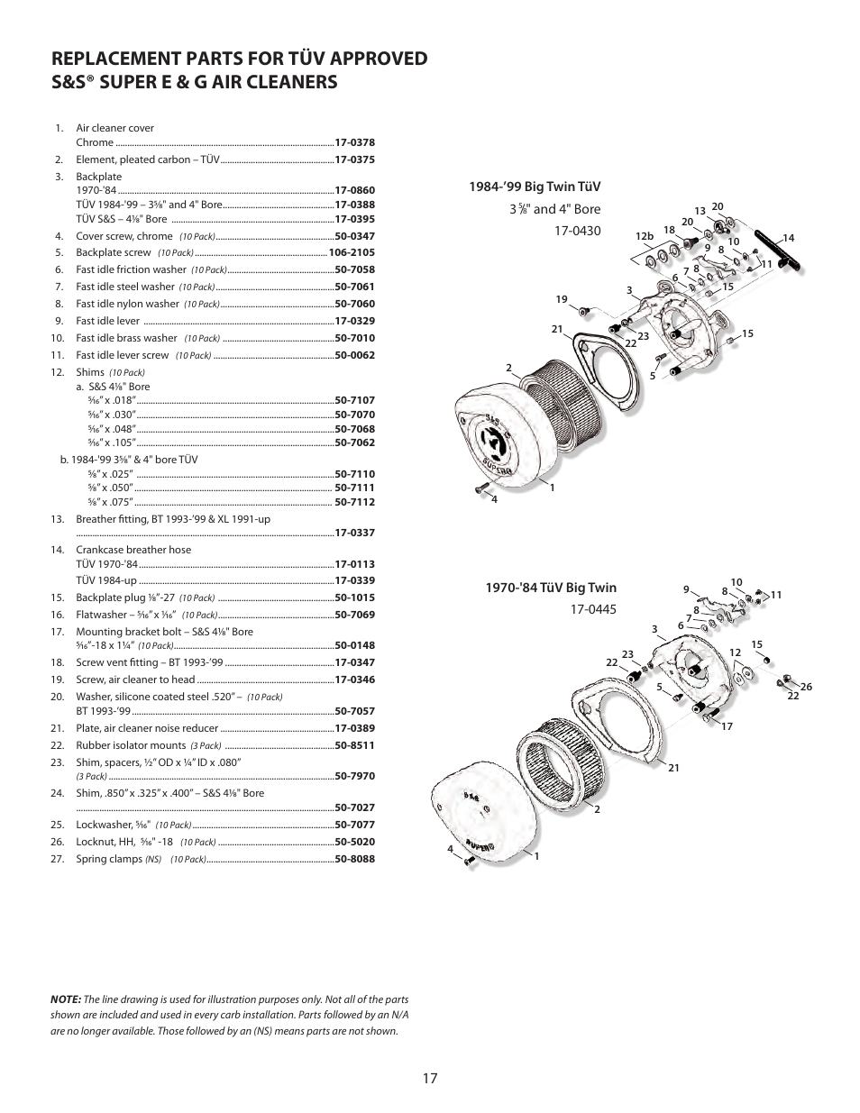 Replacement parts for t, Üv approved s&s® super e & g air cleaners | S&S Cycle TÜV Approved Super E Carburetor Kits User Manual | Page 17 / 20
