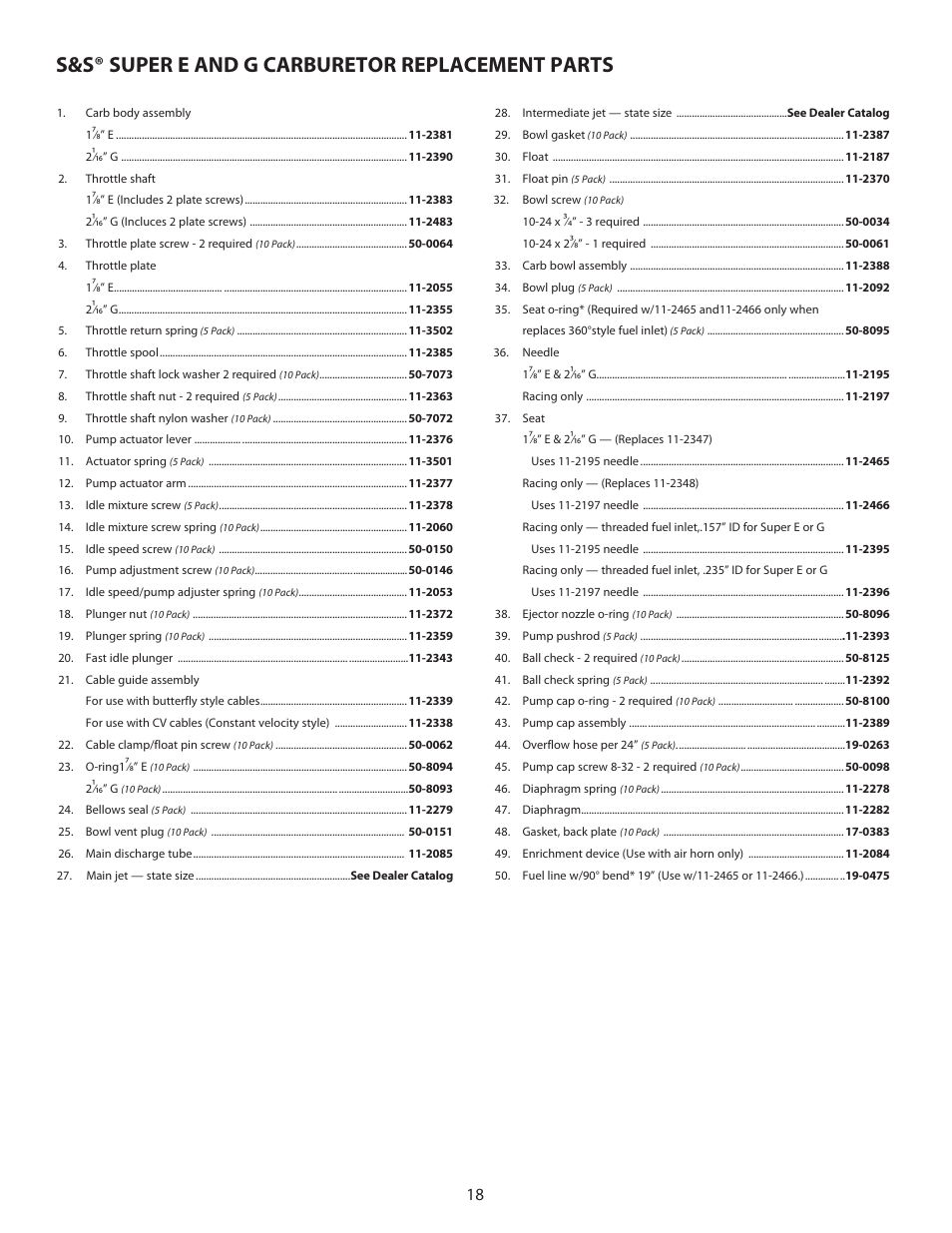 S&s® super e and g carburetor replacement parts | S&S Cycle TÜV Approved Super E Carburetor Kits User Manual | Page 18 / 20