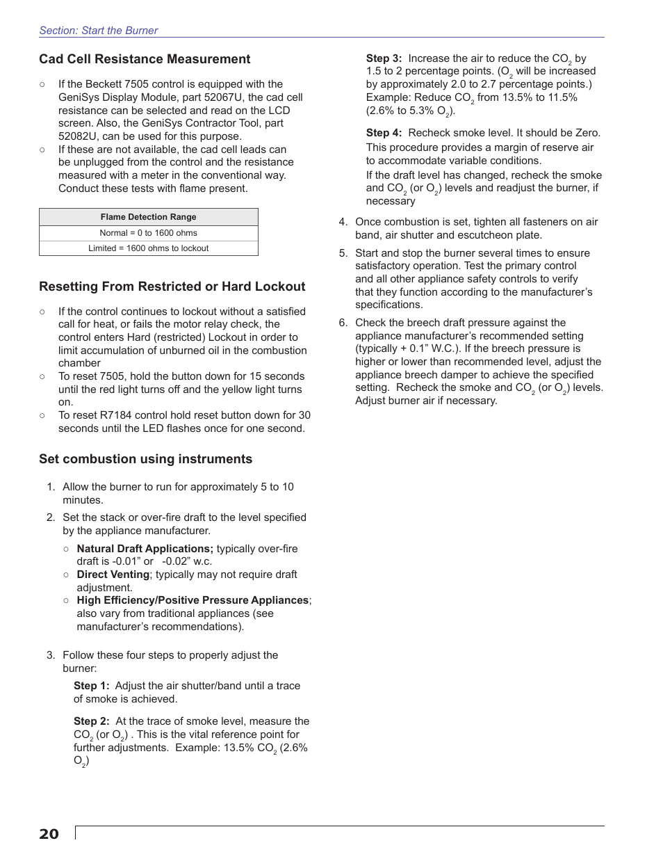 Cad cell resistance measurement, Resetting from restricted or hard lockout, Set combustion using instruments | Beckett CF800 User Manual | Page 20 / 24