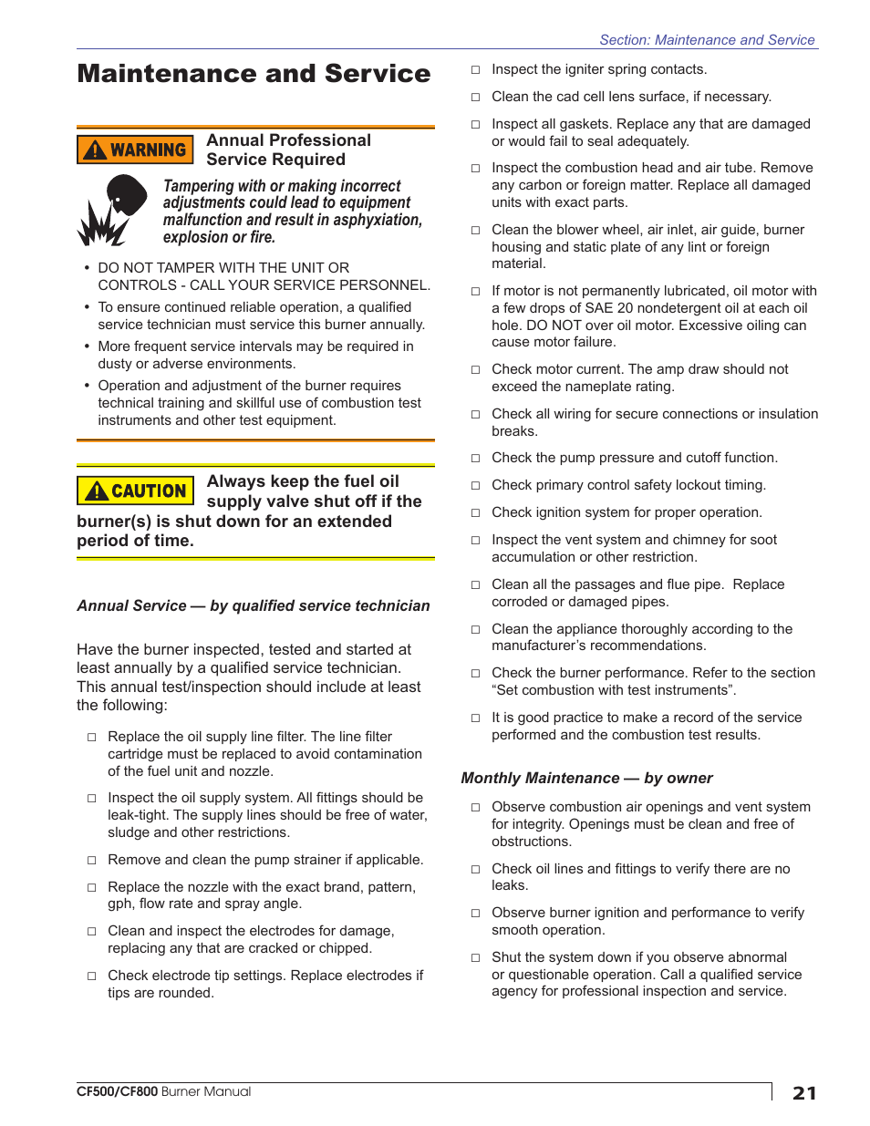 Maintenance and service | Beckett CF800 User Manual | Page 21 / 24