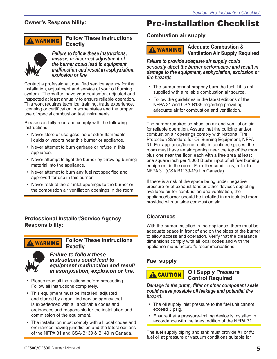 Pre-installation checklist | Beckett CF800 User Manual | Page 5 / 24