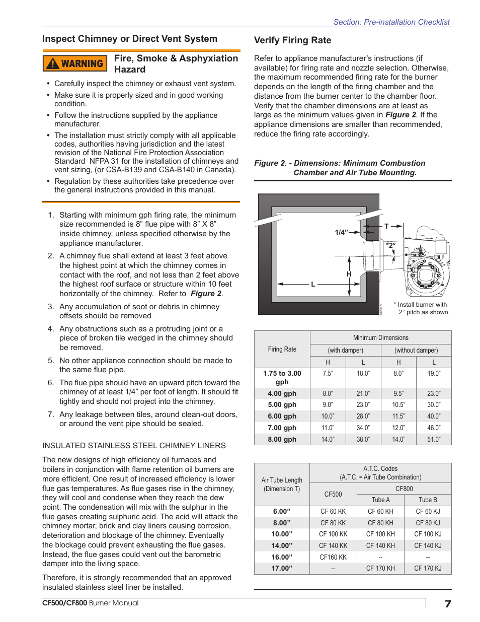 Verify firing rate, Fire, smoke & asphyxiation hazard, Inspect chimney or direct vent system | Beckett CF800 User Manual | Page 7 / 24