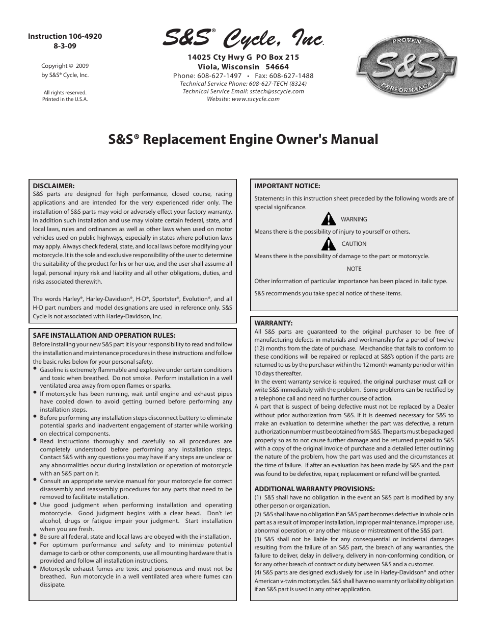 S&S Cycle Replacement Engine User Manual | 8 pages