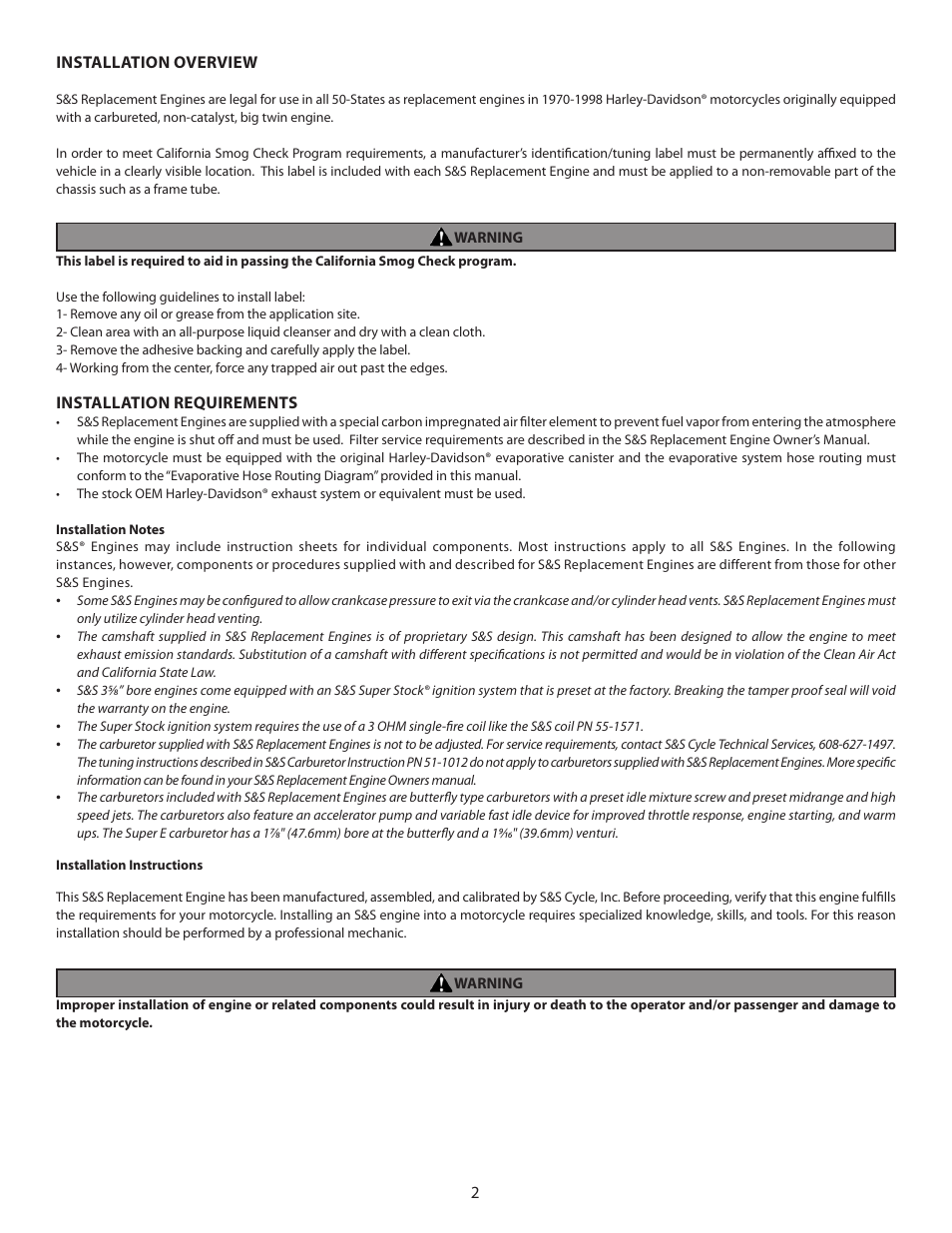 S&S Cycle Replacement Engines Emission-Related User Manual | Page 2 / 8