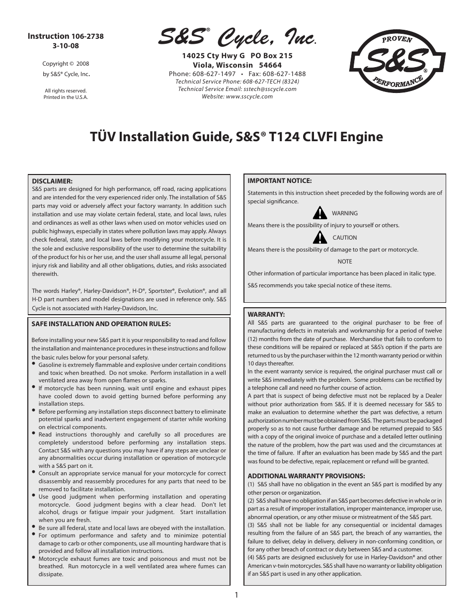 S&S Cycle TUV T124 CLVFI Engine User Manual | 8 pages