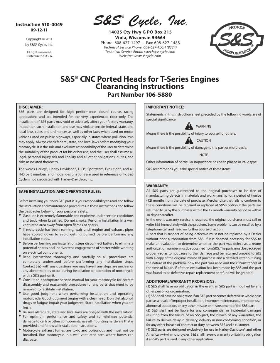 S&S Cycle CNC Ported Heads for T-Series Engines Part 106-5880 User Manual | 4 pages