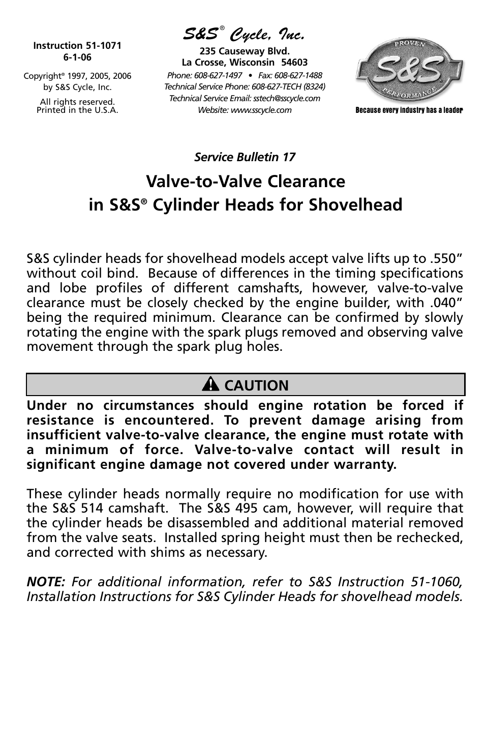 S&S Cycle Valve-to-Valve Clearance in S&S Cylinder Heads for Shovelhead User Manual | 1 page