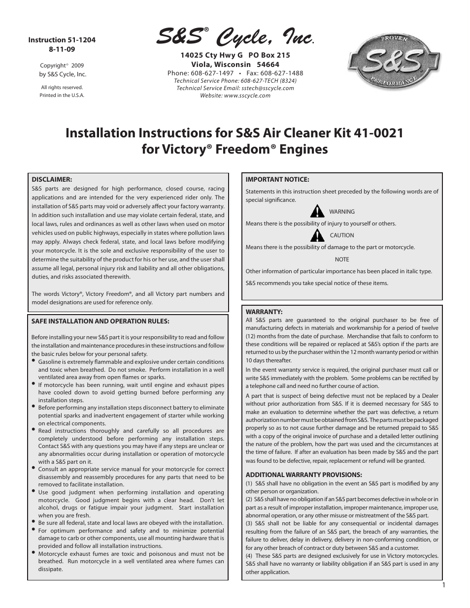 S&S Cycle Air Cleaner Kit 41-0021 for Victory Freedom Engines User Manual | 4 pages