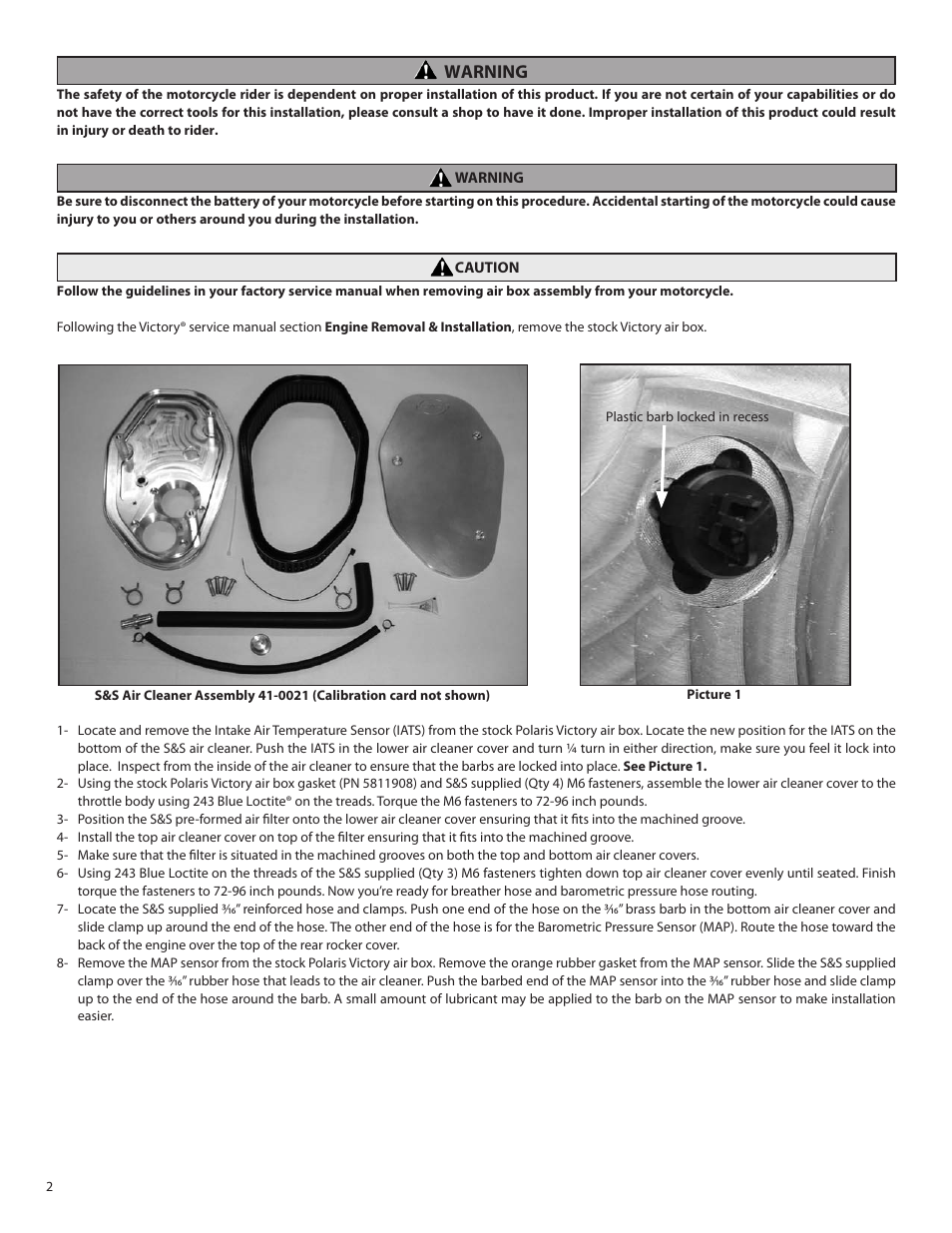 Warning | S&S Cycle Air Cleaner Kit 41-0021 for Victory Freedom Engines User Manual | Page 2 / 4