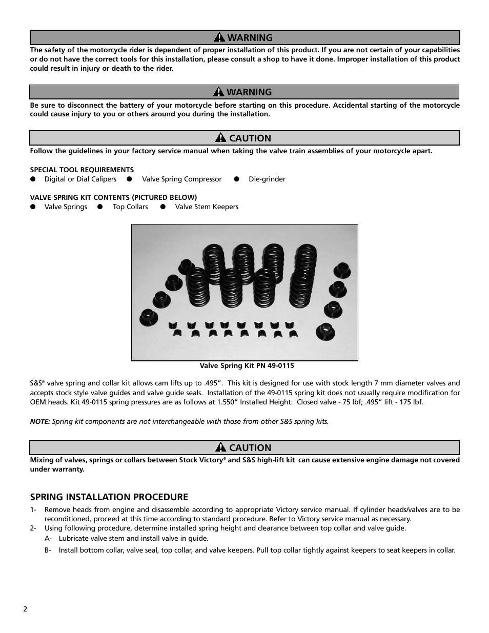 Spring installation procedure, Warning caution, Caution warning | S&S Cycle Spring Kit 49-0115 for Victory Freedom Engines User Manual | Page 2 / 4