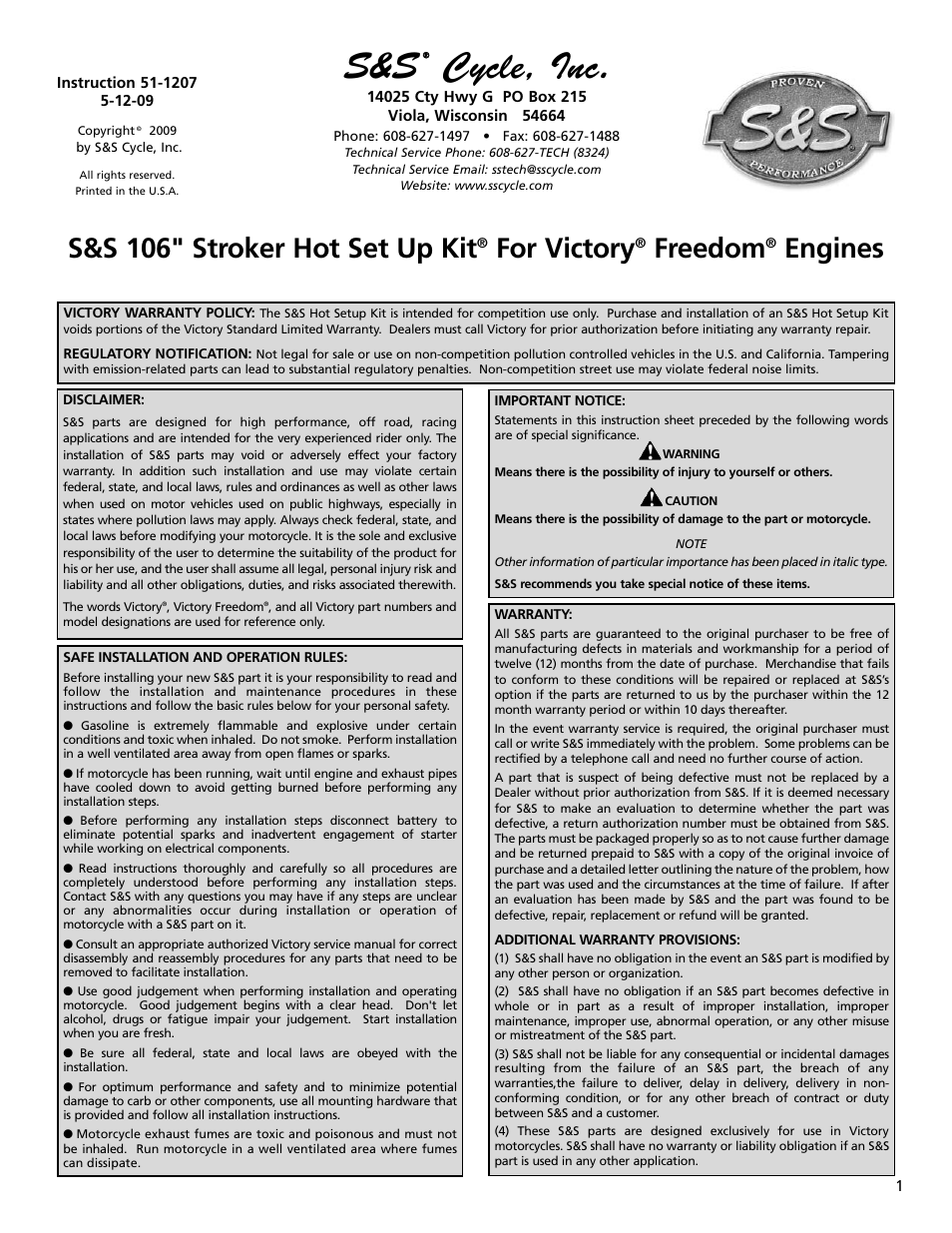 S&S Cycle 106 Stroker Hot Set Up Kit For Victory Freedom Engines User Manual | 8 pages