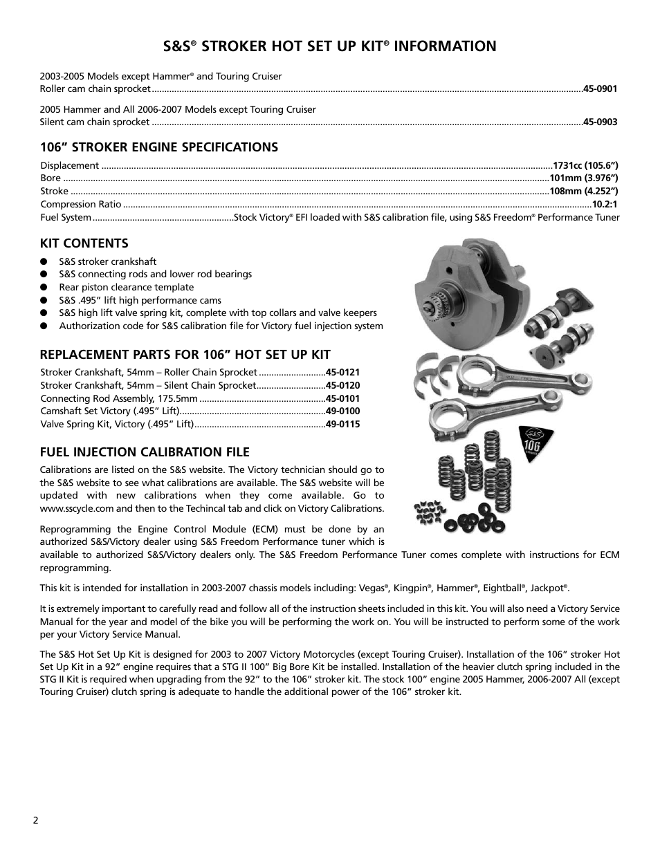 Stroker hot set up kit, Information, 106” stroker engine specifications | Kit contents, Replacement parts for 106” hot set up kit, Fuel injection calibration file | S&S Cycle 106 Stroker Hot Set Up Kit For Victory Freedom Engines User Manual | Page 2 / 8