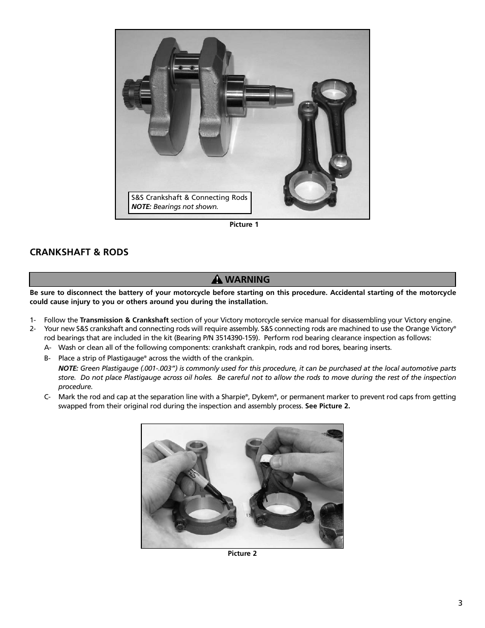 Crankshaft & rods, Warning | S&S Cycle 106 Stroker Hot Set Up Kit For Victory Freedom Engines User Manual | Page 3 / 8