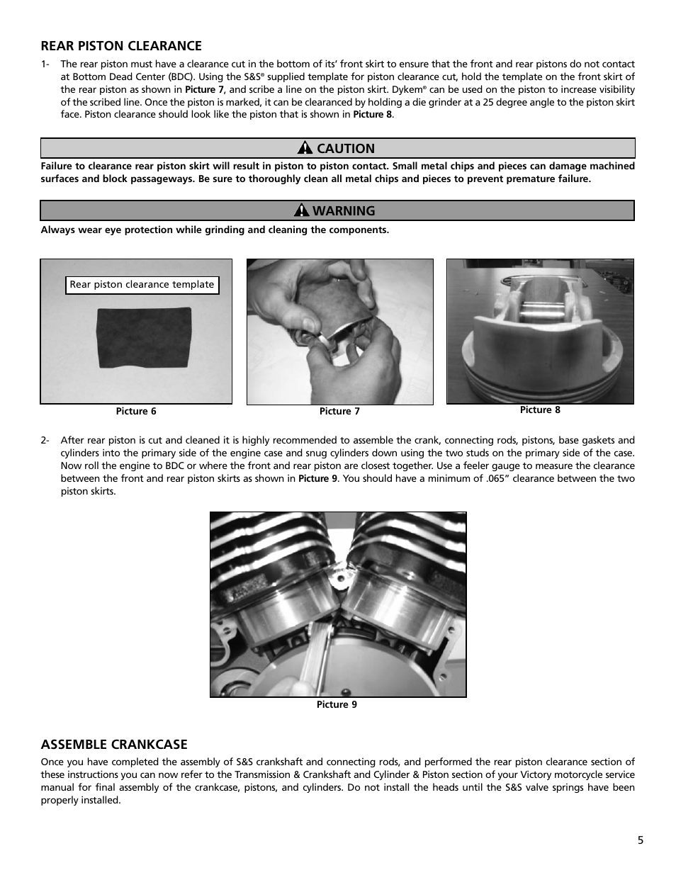 Rear piston clearance, Assemble crankcase, Caution warning | S&S Cycle 106 Stroker Hot Set Up Kit For Victory Freedom Engines User Manual | Page 5 / 8