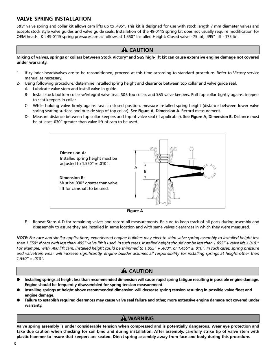 Valve spring installation, Caution, Warning | S&S Cycle 106 Stroker Hot Set Up Kit For Victory Freedom Engines User Manual | Page 6 / 8