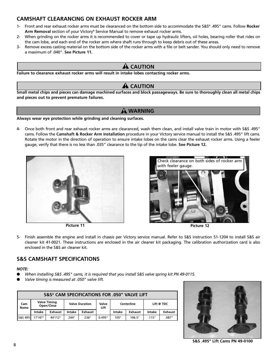 Camshaft clearancing on exhaust rocker arm, S&s camshaft specifications, Warning | Caution | S&S Cycle 106 Stroker Hot Set Up Kit For Victory Freedom Engines User Manual | Page 8 / 8