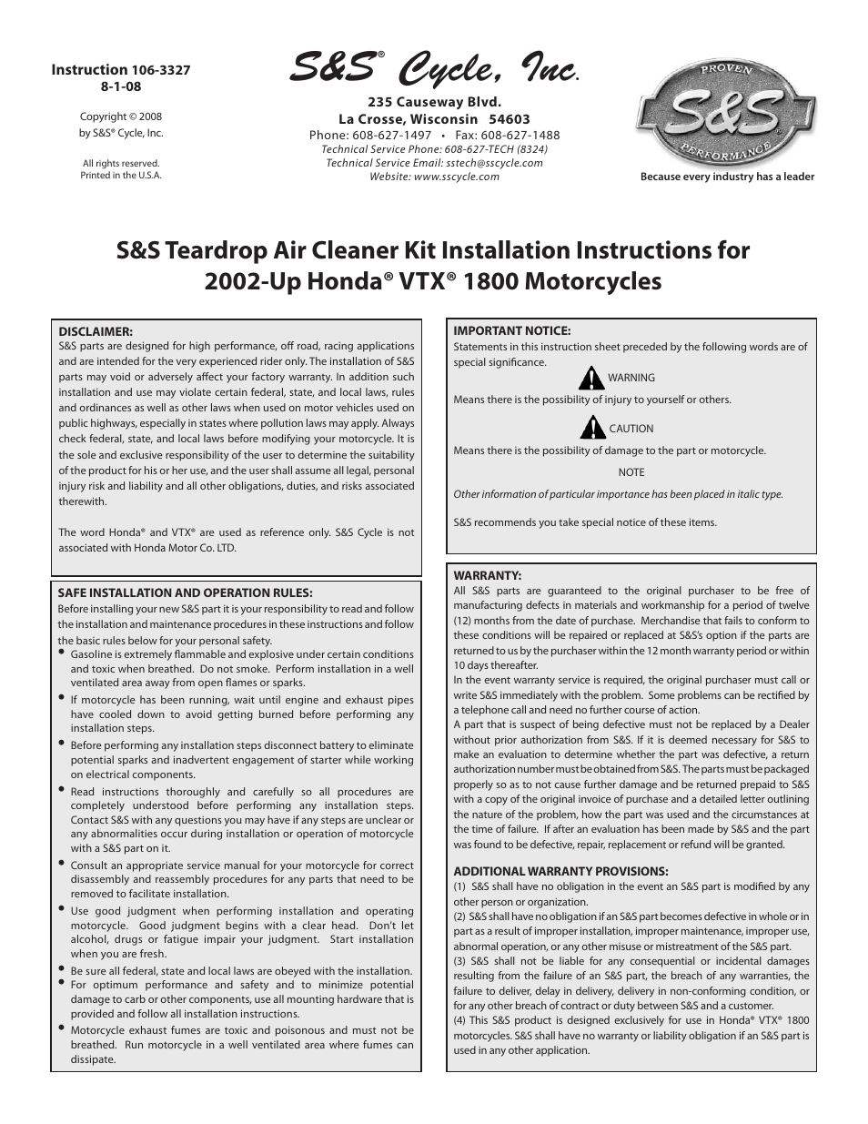 S&S Cycle Teardrop Air Cleaner Kit for 2002-Up Honda VTX 1800 Motorcycles User Manual | 4 pages