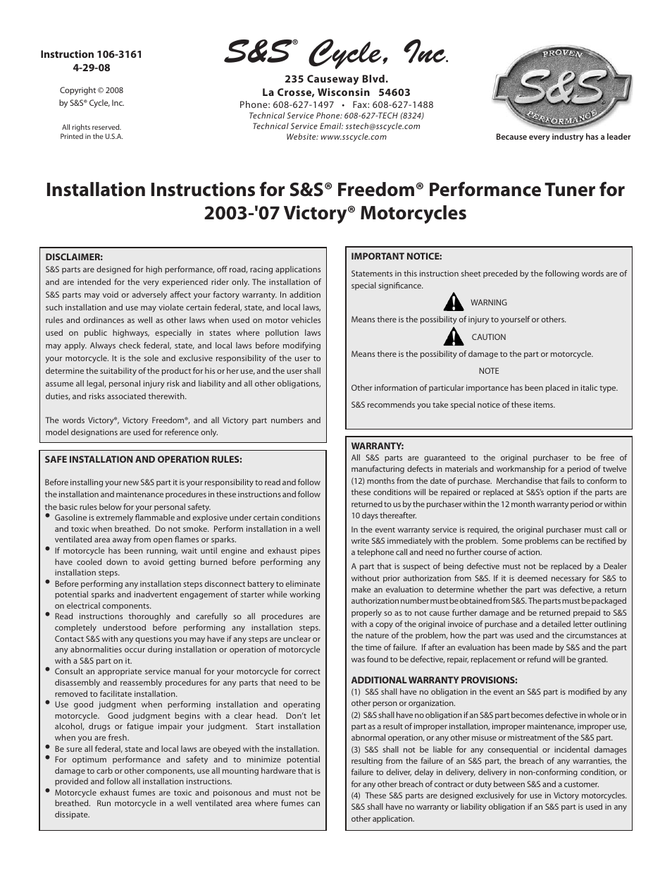 S&S Cycle Freedom Performance Tuner for 2003-07 Victory Motorcycles User Manual | 10 pages