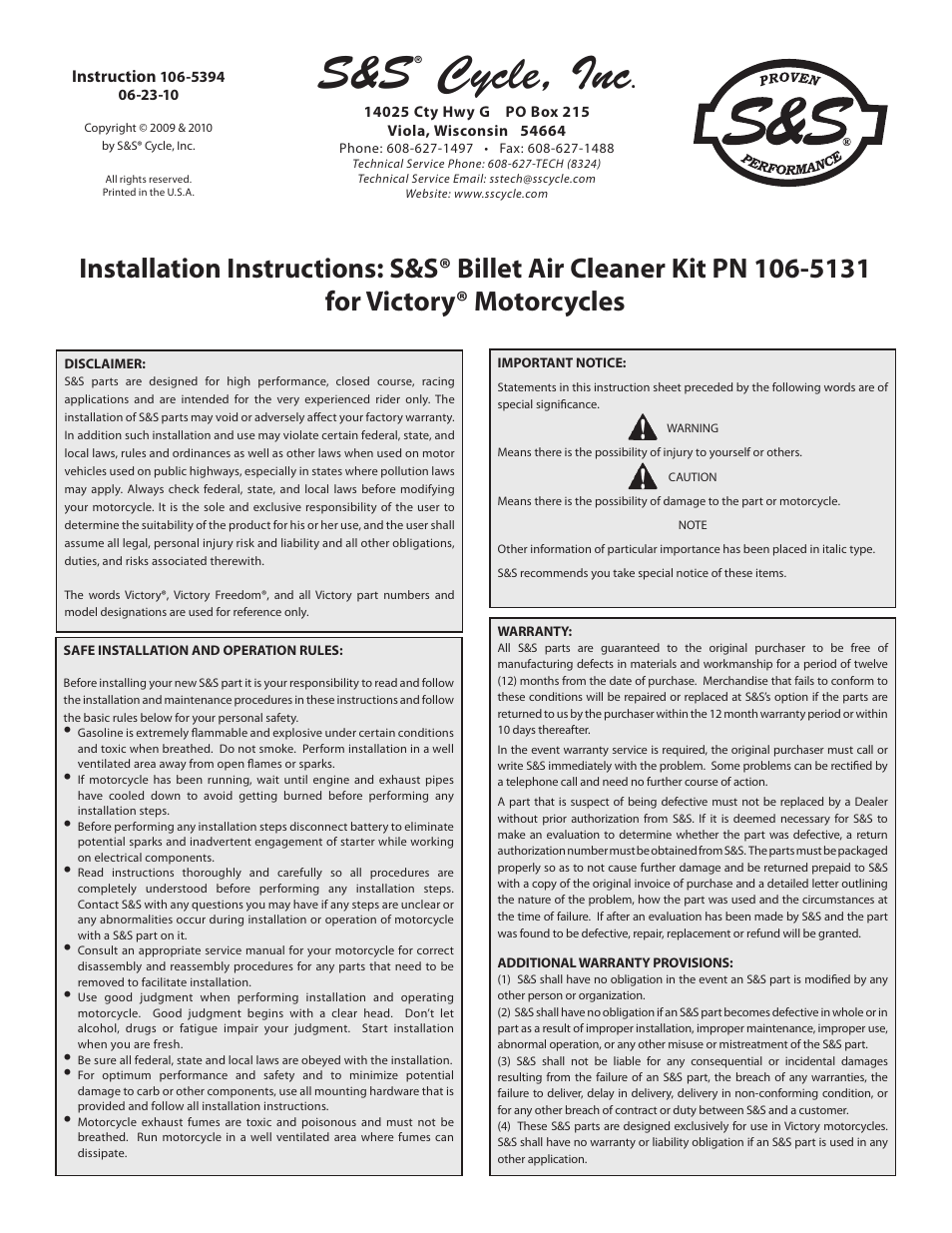 S&S Cycle Billet Air Cleaner Kit PN 106-5131 for Victory Motorcycles User Manual | 16 pages