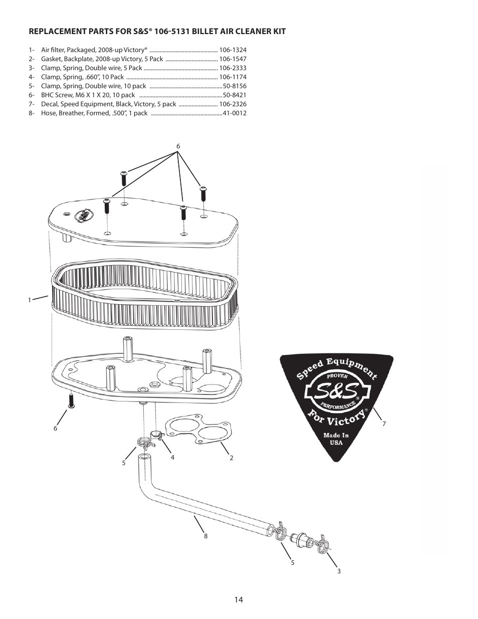 S&S Cycle Billet Air Cleaner Kit PN 106-5131 for Victory Motorcycles User Manual | Page 14 / 16