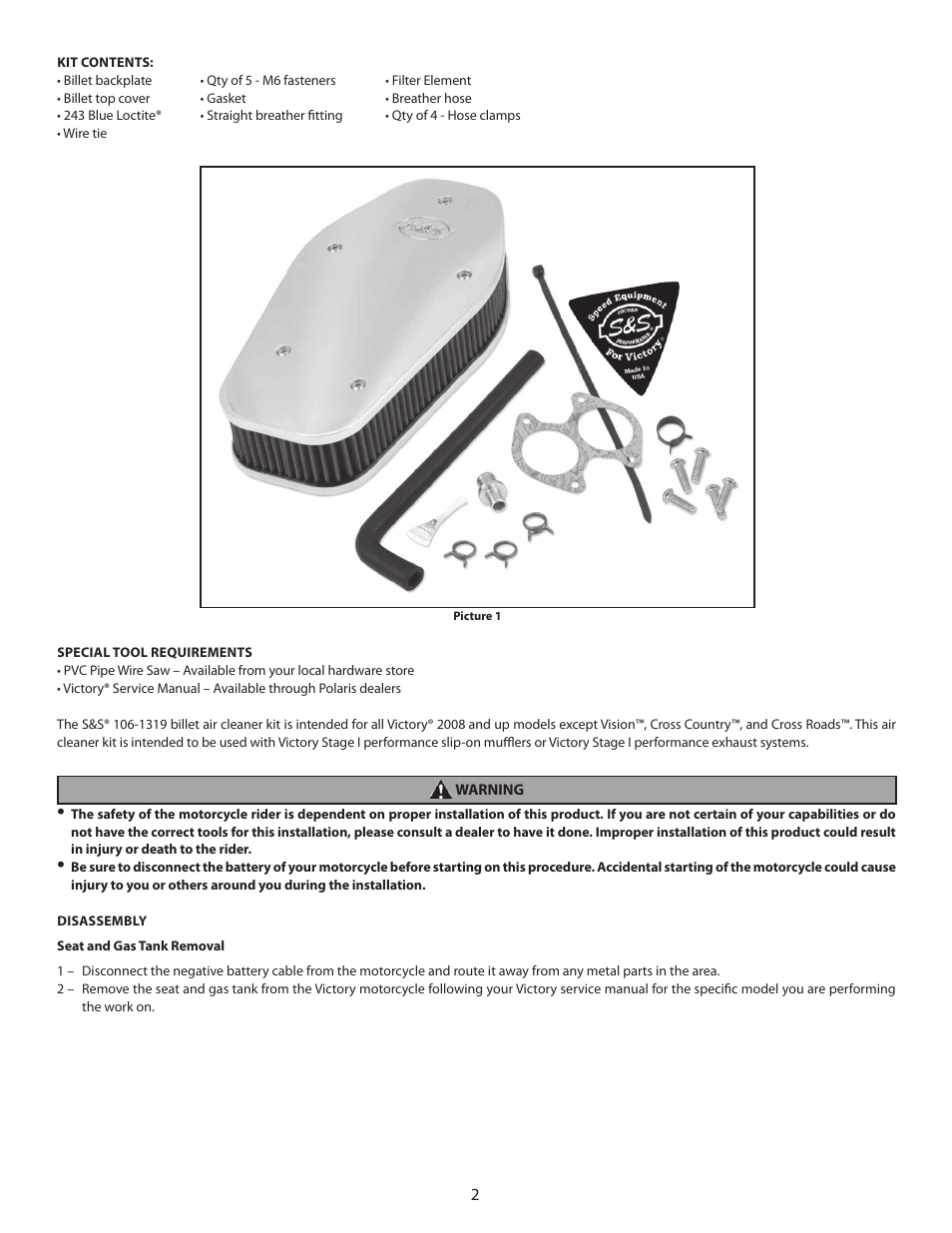 S&S Cycle Billet Air Cleaner Kit PN 106-5131 for Victory Motorcycles User Manual | Page 2 / 16