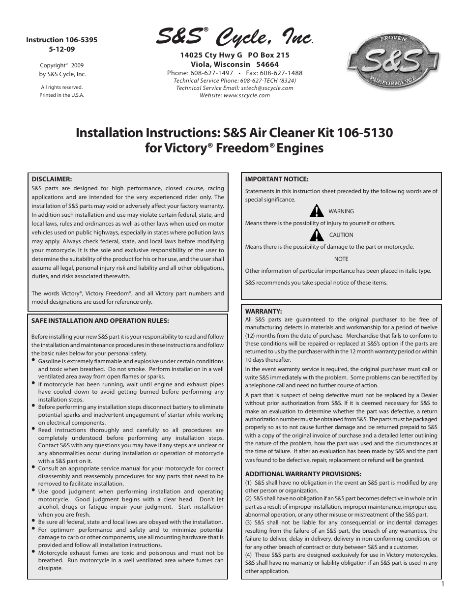 S&S Cycle Air Cleaner Kit 106-5130 for Victory Freedom Engines User Manual | 4 pages