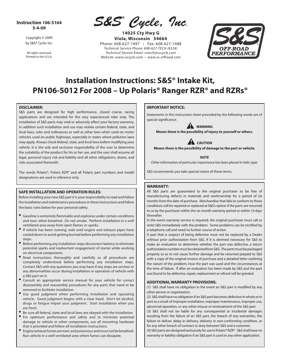 S&S Cycle Intake Kit, PN106-5012 For 2008 – Up Polaris Ranger RZR and RZRs User Manual | 12 pages