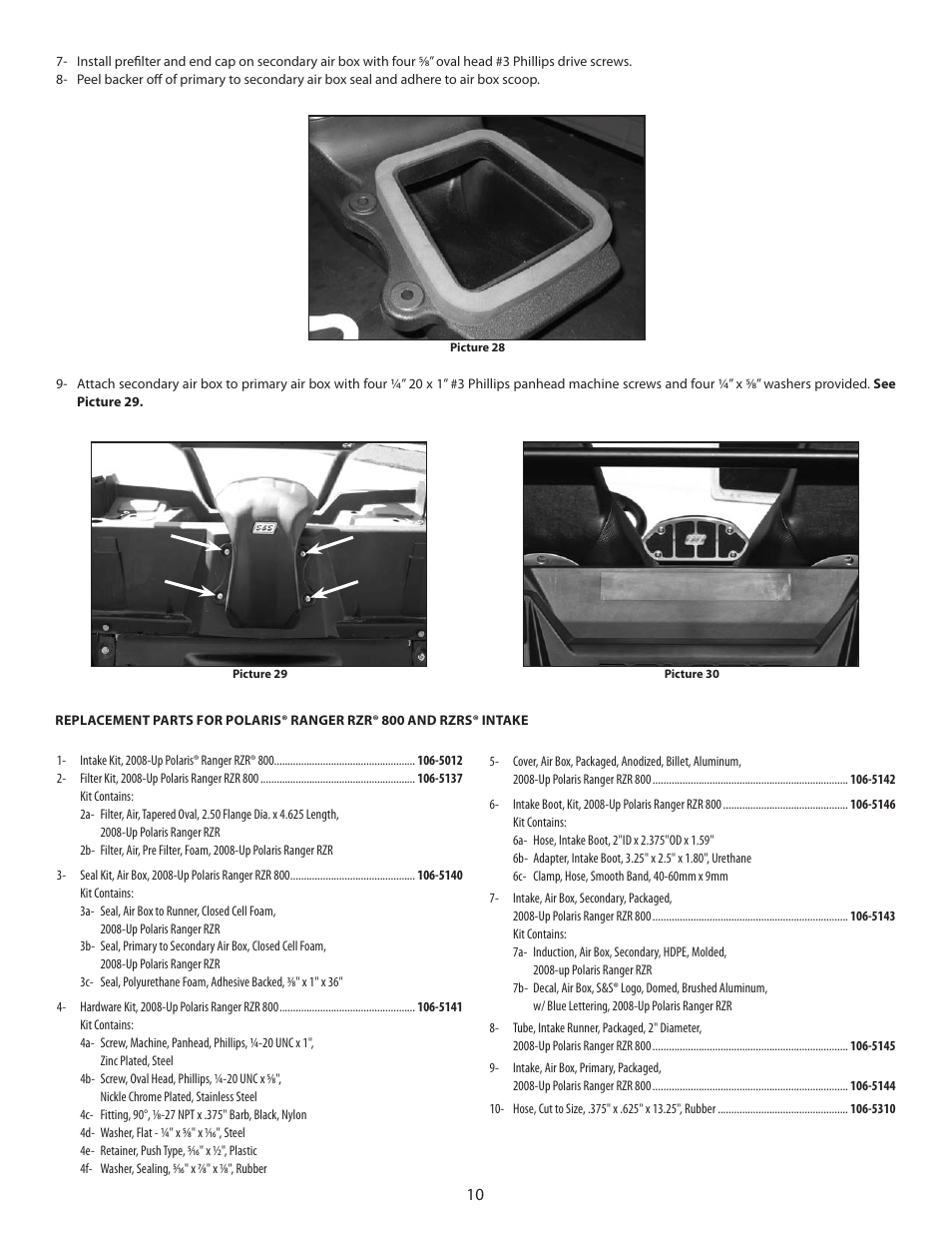 S&S Cycle Intake Kit, PN106-5012 For 2008 – Up Polaris Ranger RZR and RZRs User Manual | Page 10 / 12