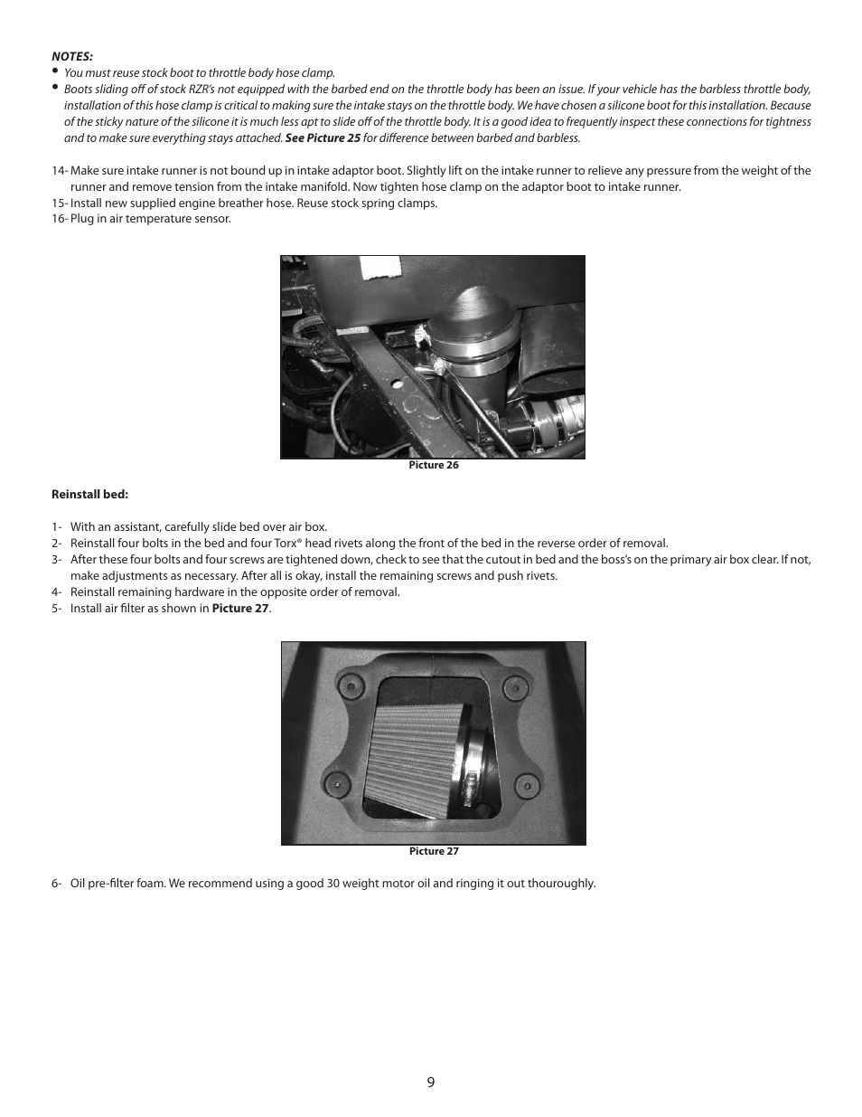 S&S Cycle Intake Kit, PN106-5012 For 2008 – Up Polaris Ranger RZR and RZRs User Manual | Page 9 / 12