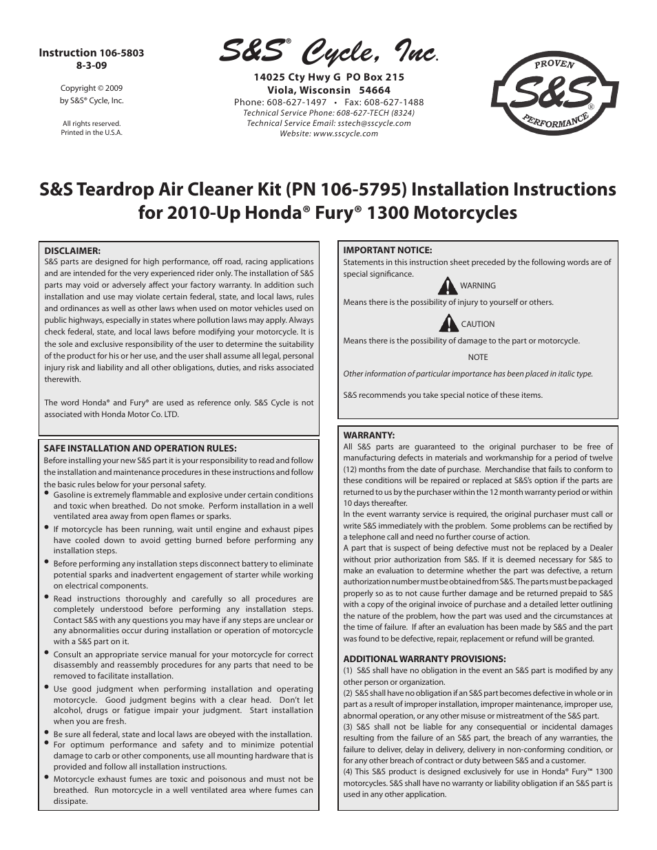 S&S Cycle Teardrop Air Cleaner Kit (PN 106-5795) for 2010-Up Honda Fury 1300 Motorcycles User Manual | 8 pages