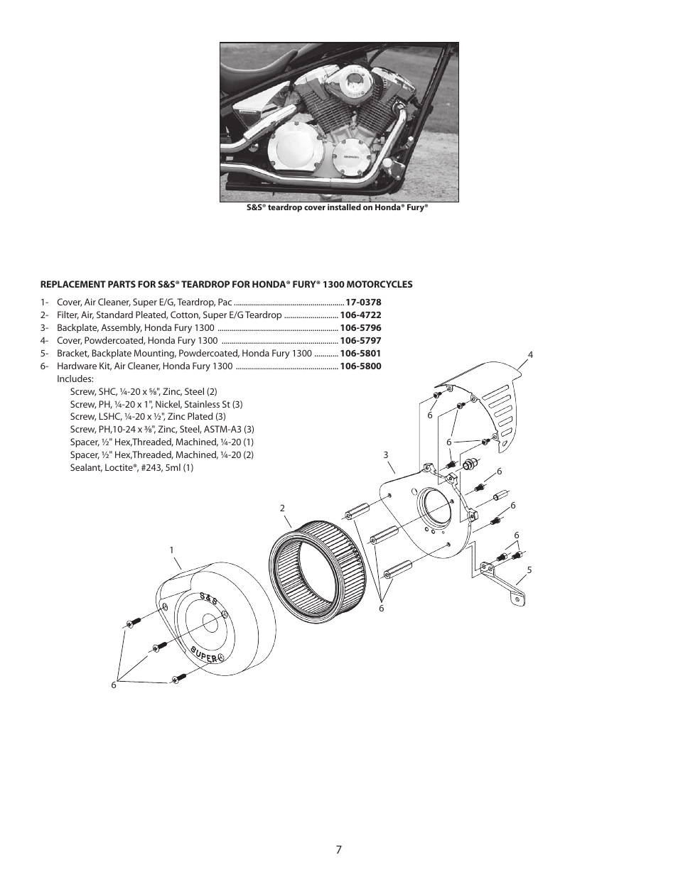 S&S Cycle Teardrop Air Cleaner Kit (PN 106-5795) for 2010-Up Honda Fury 1300 Motorcycles User Manual | Page 7 / 8