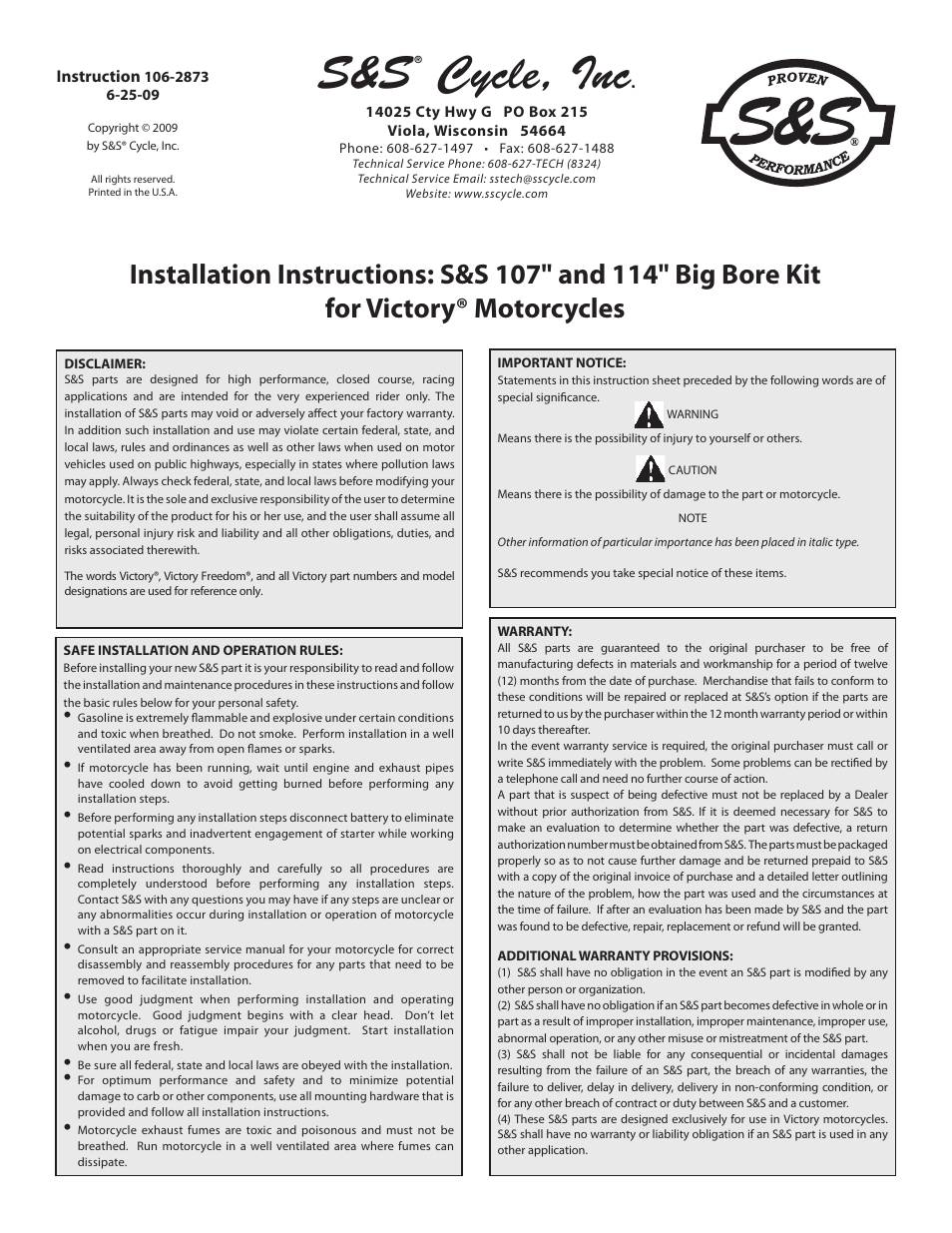 S&S Cycle 114 Big Bore Kit for Victory Motorcycles User Manual | 12 pages