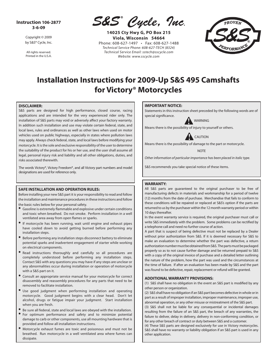 S&S Cycle 2009-Up S&S 495 Camshafts for Victory Motorcycles User Manual | 4 pages