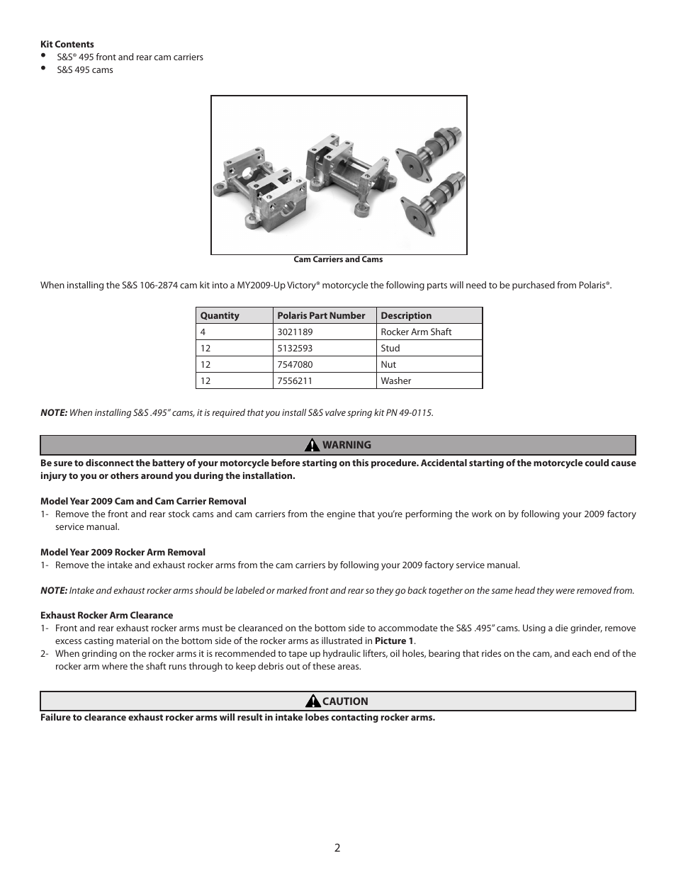 S&S Cycle 2009-Up S&S 495 Camshafts for Victory Motorcycles User Manual | Page 2 / 4