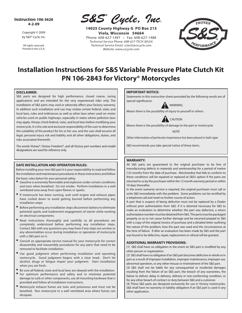 S&S Cycle Variable Pressure Plate Clutch Kit PN 106-2843 for Victory Motorcycles User Manual | 8 pages