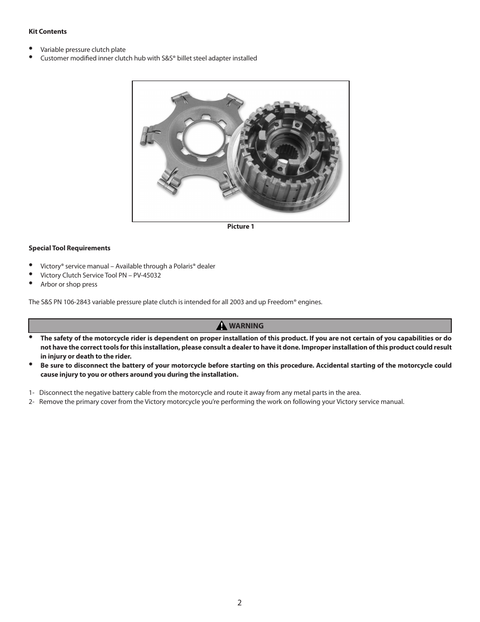 S&S Cycle Variable Pressure Plate Clutch Kit PN 106-2843 for Victory Motorcycles User Manual | Page 2 / 8