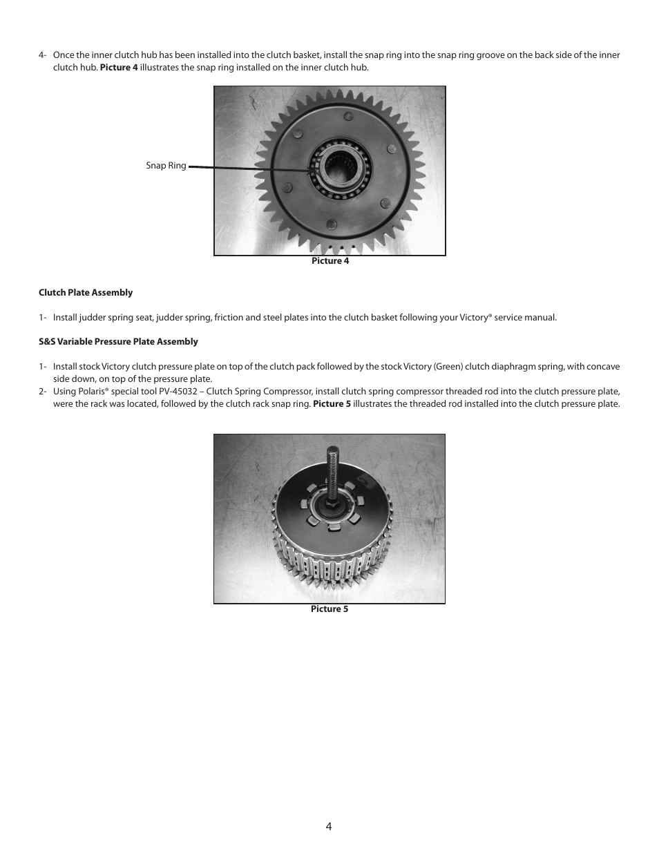 S&S Cycle Variable Pressure Plate Clutch Kit PN 106-2843 for Victory Motorcycles User Manual | Page 4 / 8