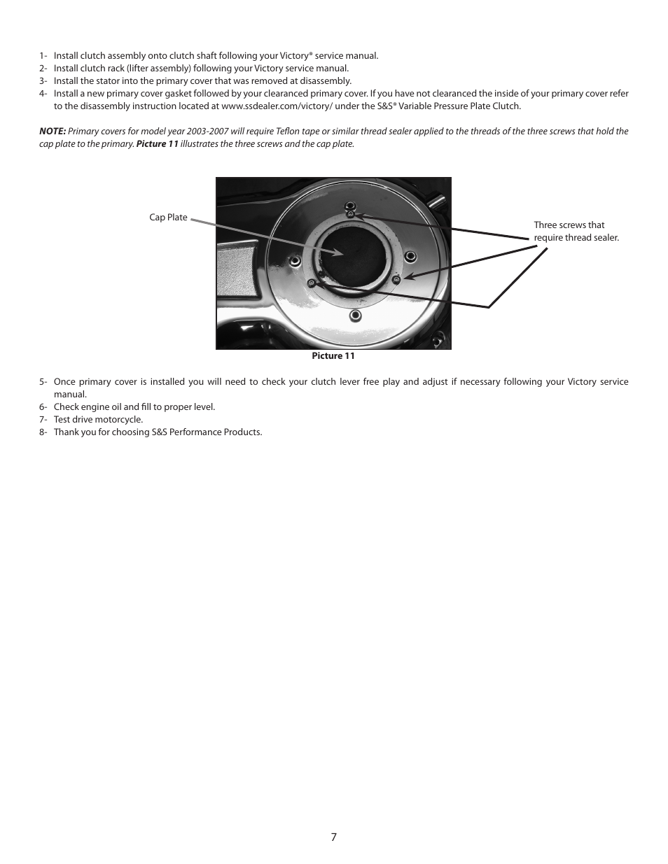 S&S Cycle Variable Pressure Plate Clutch Kit PN 106-2843 for Victory Motorcycles User Manual | Page 7 / 8