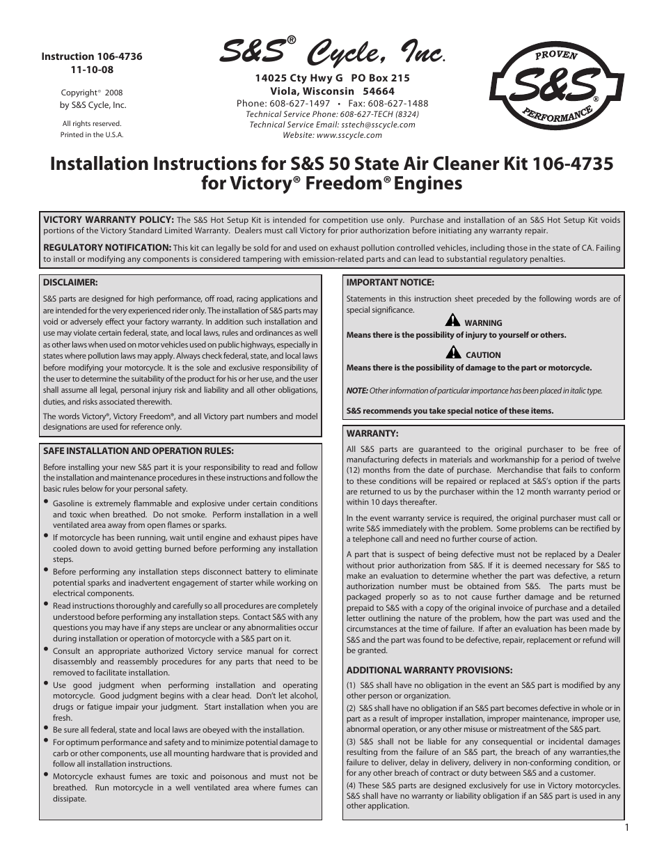 S&S Cycle 50 State Air Cleaner Kit 106-4735 for Victory Freedom Engines User Manual | 4 pages