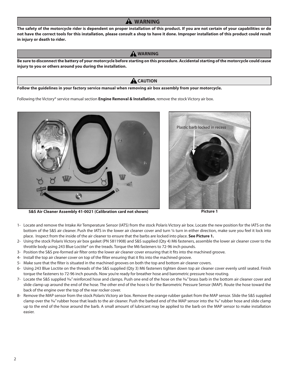 Warning | S&S Cycle 50 State Air Cleaner Kit 106-4735 for Victory Freedom Engines User Manual | Page 2 / 4