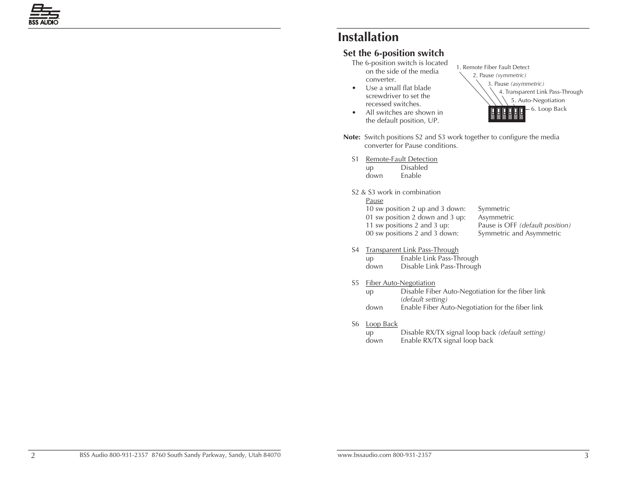 Installation, Set the 6-position switch | BSS Audio MC-1 User Manual | Page 2 / 9